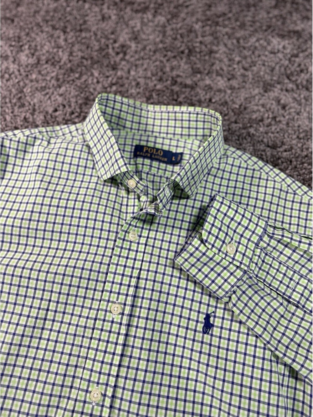 Ralph Lauren Polo Shirt Dress Shirt Mens Large Windowpane Blue Green Plaid